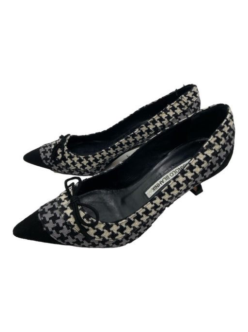 Manolo Blahnik Shoe Size 35.5 Black Gray White Wool Houndstooth Bow Detail Pumps Black Gray White / 35.5