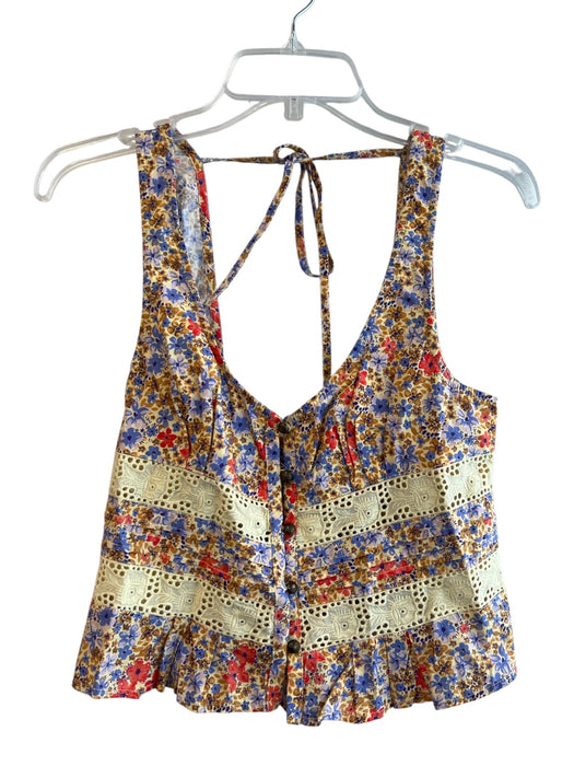 Free People Size S Multi Cotton Sleeveless Floral Print Back Tie Top Multi / S