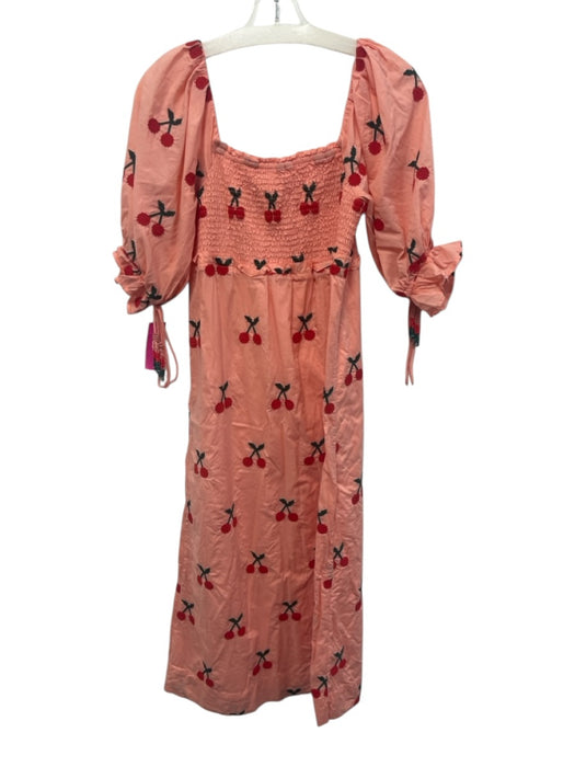 Farm Rio Size S Pink, Red, Green Wide Neck Short Puff Sleeve Cherries Midi Dress Pink, Red, Green / S
