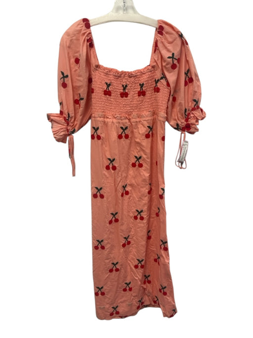 Farm Rio Size S Pink, Red, Green Wide Neck Short Puff Sleeve Cherries Midi Dress Pink, Red, Green / S