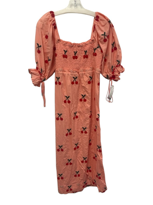 Farm Rio Size S Pink, Red, Green Wide Neck Short Puff Sleeve Cherries Midi Dress Pink, Red, Green / S