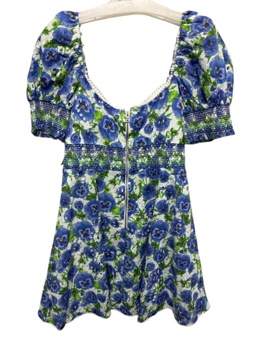 Alice + Olivia Size 6 Blue & Green Cotton Floral Short Puff Sleeve Dress Blue & Green / 6