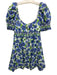 Alice + Olivia Size 6 Blue & Green Cotton Floral Short Puff Sleeve Dress Blue & Green / 6