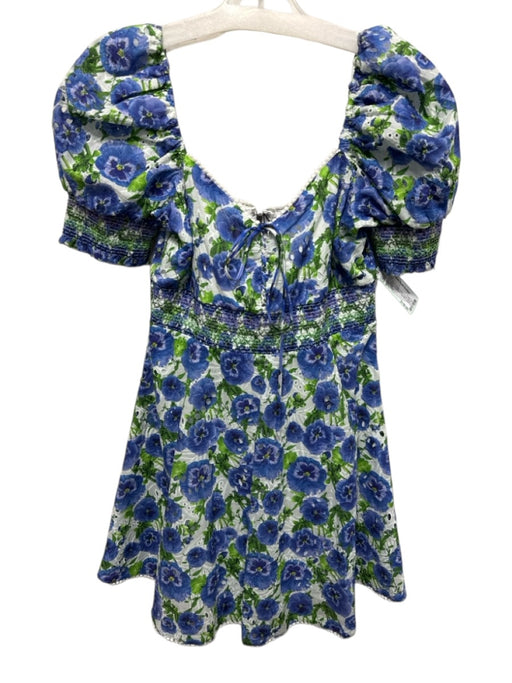 Alice + Olivia Size 6 Blue & Green Cotton Floral Short Puff Sleeve Dress Blue & Green / 6