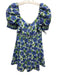 Alice + Olivia Size 6 Blue & Green Cotton Floral Short Puff Sleeve Dress Blue & Green / 6