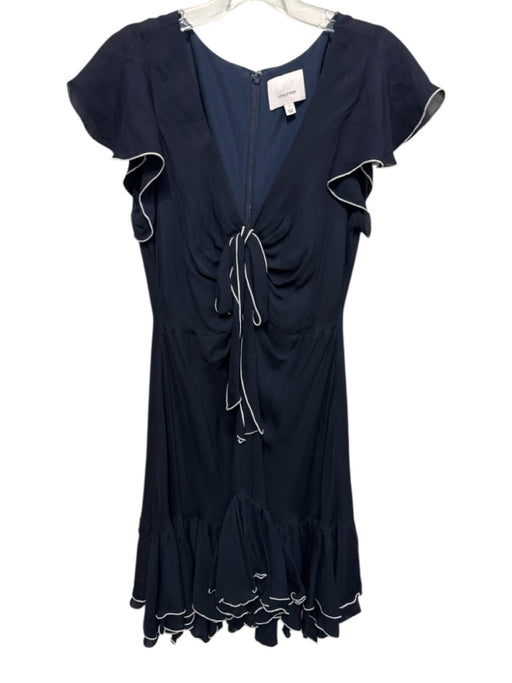 Cinq a Sept Size 2 Navy Blue & White Silk Contrast Trim Flutter Cap Sleeve Dress Navy Blue & White / 2