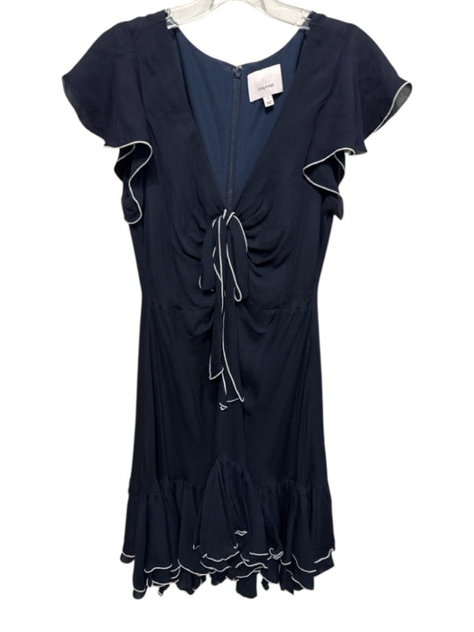 Cinq a Sept Size 2 Navy Blue & White Silk Contrast Trim Flutter Cap Sleeve Dress Navy Blue & White / 2