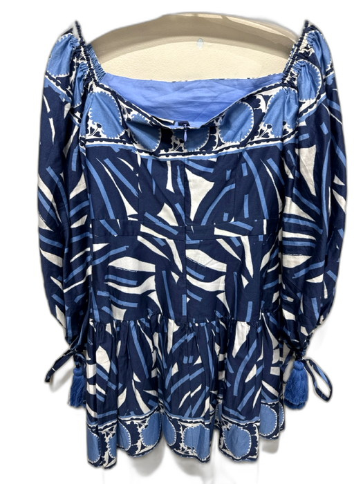 Alexis Size S Mixed Blues & White Cotton Abstract Print 3/4 Balloon Sleeve Dress Mixed Blues & White / S