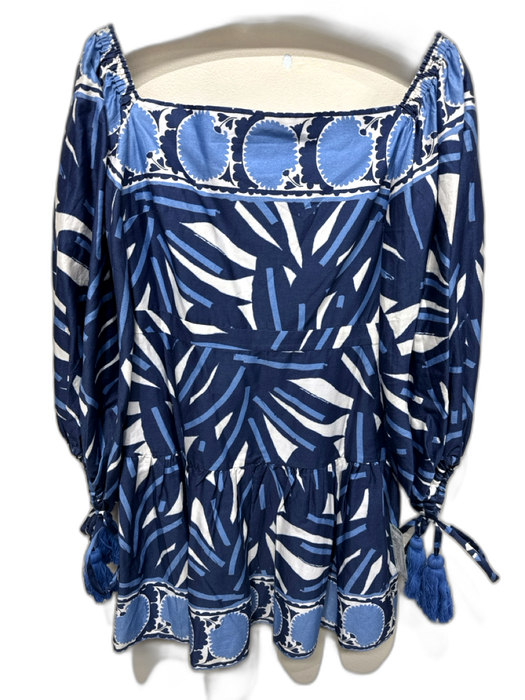 Alexis Size S Mixed Blues & White Cotton Abstract Print 3/4 Balloon Sleeve Dress Mixed Blues & White / S
