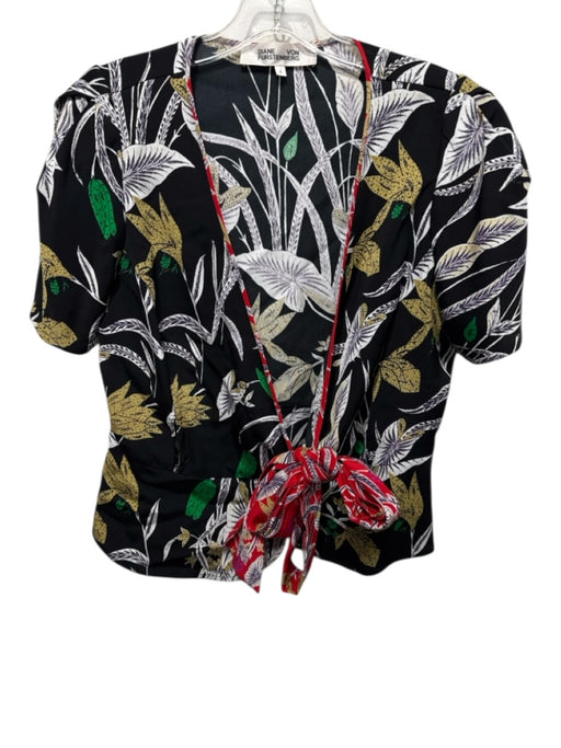 Diane Von Furstenberg Size 6 Black & Multi Viscose Blend Botanical Print Top Black & Multi / 6