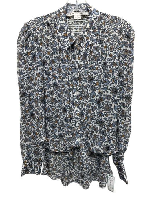 Veronica Beard Size 4 White, Blue & Orange Silk Floral Long Sleeve Button Up Top White, Blue & Orange / 4