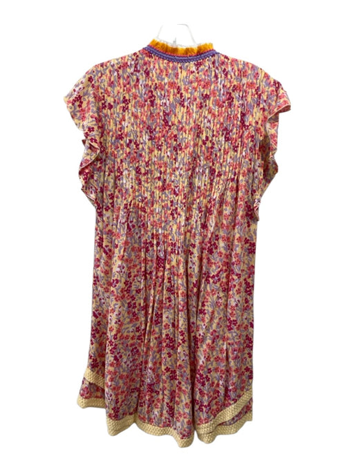 Poupette St. Barth Size L Yellow, Pink, Purple Viscose Floral Fringe Trim Dress Yellow, Pink, Purple / L
