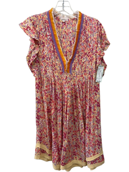 Poupette St. Barth Size L Yellow, Pink, Purple Viscose Floral Fringe Trim Dress Yellow, Pink, Purple / L