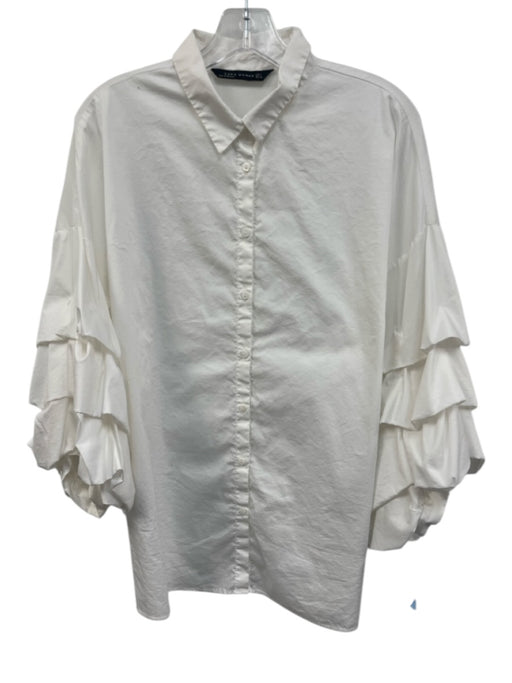 Zara Size L White Cotton Button Up & Collar 3/4 Sleeve Pleated Sleeves Top White / L