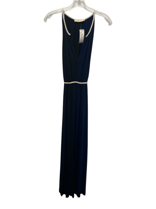 Tory Burch Size L Black & Navy Viscose Sleeveless Tie Waist V Neck Maxi Dress Black & Navy / L