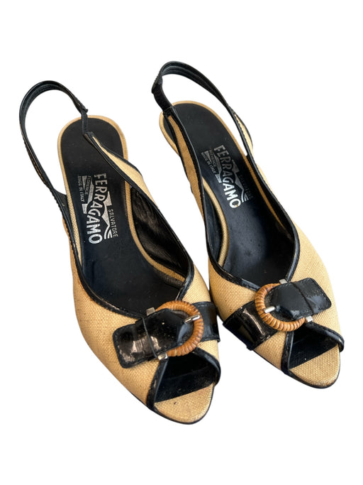 Salvatore Ferragamo Shoe Size 8 Straw Canvas Peep Toe Slingback Shoes Straw / 8