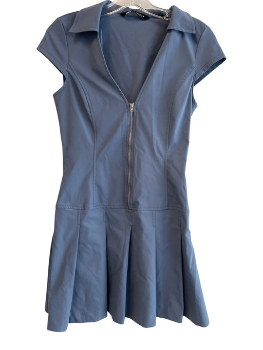 Zara Size S Blue Polyester Blend Collared V Neck Zip Front Sleeveless Dress Blue / S
