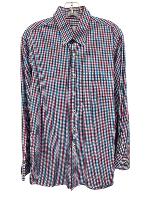 Peter Millar Size M Magenta & Blue Prnt Cotton Plaid Button Up Long Sleeve Shirt Magenta & Blue Prnt / M
