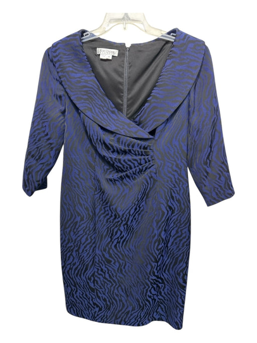 Kay Unger Size 14 Black & Blue Rayon Blend Abstract Print Gathered Dress Black & Blue / 14