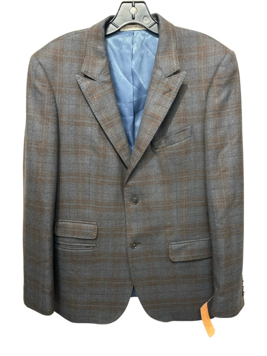 H Stockton Brown & Blue Wool Blend Plaid notched 2 Button Men's Blazer Brown & Blue / 42R
