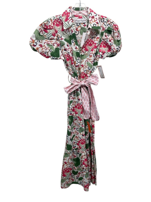 Dizzy Lizzie Size S White & Multi Linen Blend Floral Short Puff Sleeve Dress White & Multi / S