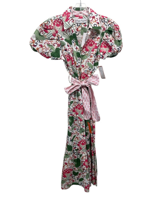 Dizzy Lizzie Size S White & Multi Linen Blend Floral Short Puff Sleeve Dress White & Multi / S