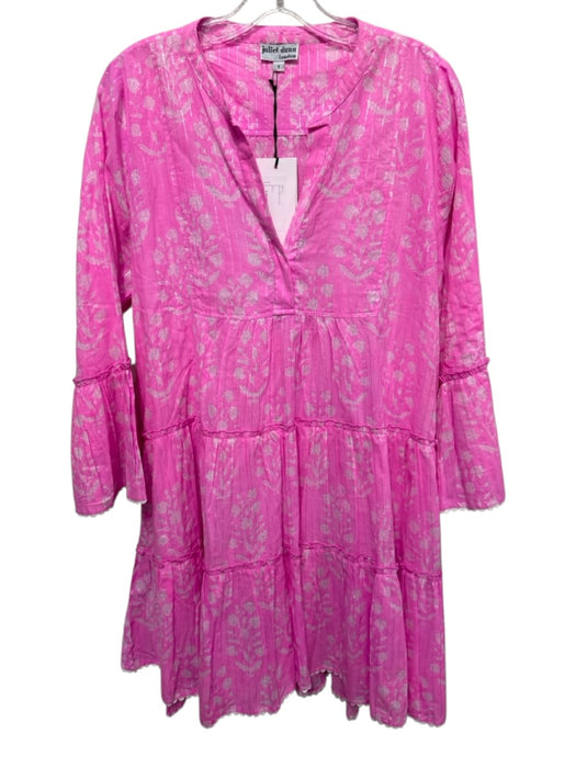 Juliet Dunn Size 1 Pink, White, Silver Cotton Blend Long Sleeve Tiered Dress Pink, White, Silver / 1