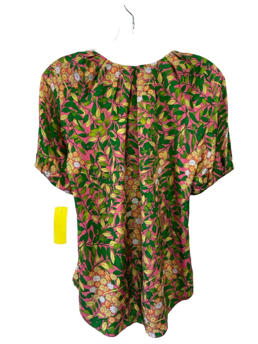 Flora Bea Size S Pink Yellow Green Floral Short Sleeve Round split neck Top Pink Yellow Green / S