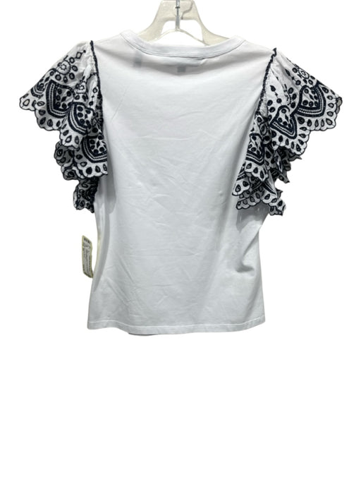 Veronica Beard Size XS White & Navy Cotton Ruffle Cap Sleeve Eyelet Top White & Navy / XS