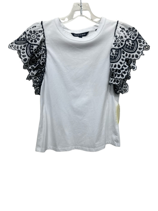 Veronica Beard Size XS White & Navy Cotton Ruffle Cap Sleeve Eyelet Top White & Navy / XS