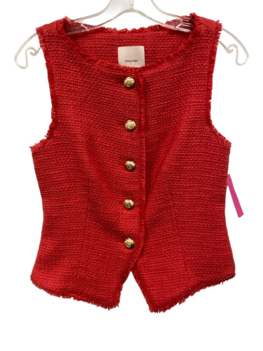 Cinq a Sept Size XS Red Cotton Sleeveless Button Up Knit Fringe Vest Red / XS