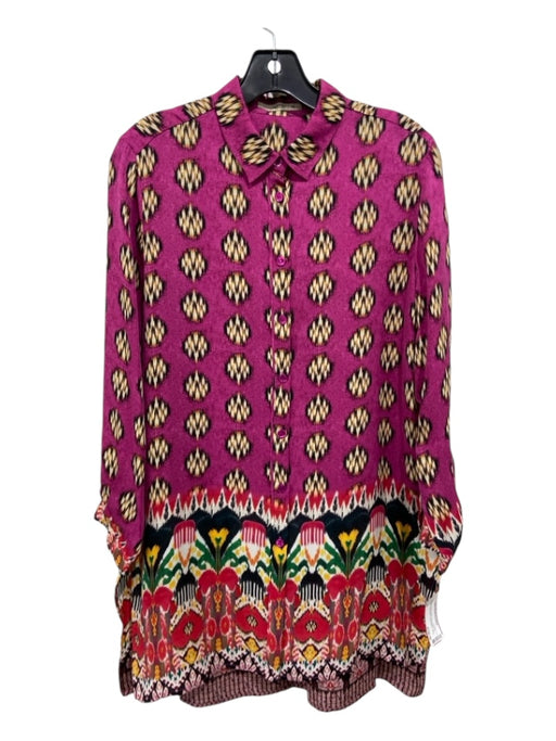 Etro Size 44 Fuchsia, Black & Multi Silk Button Up Abstract Geometric Tunic Top Fuchsia, Black & Multi / 44