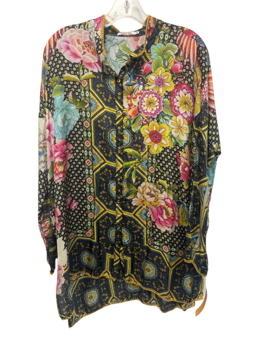 Johnny Was Size M Blue, Yellow, Pink Silk Mixed Floral Long Sleeve Top Blue, Yellow, Pink / M