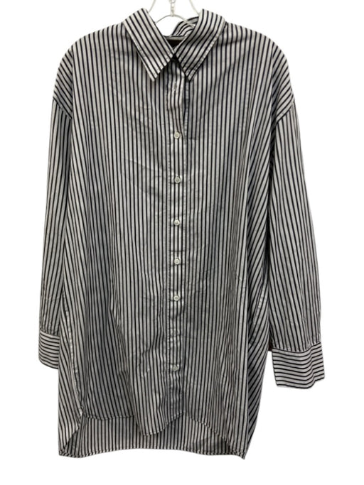 Enza Costa Size 3/L Gray & White Cotton Long Sleeve Striped Collar Buttons Top Gray & White / 3/L