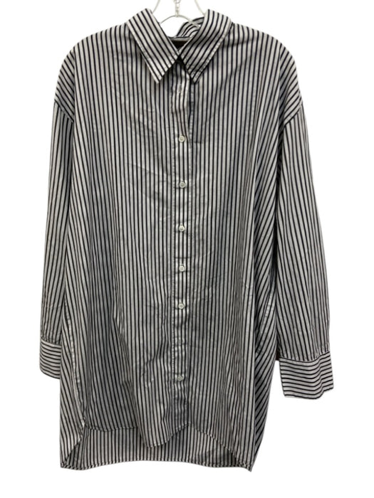 Enza Costa Size 3/L Gray & White Cotton Long Sleeve Striped Collar Buttons Top Gray & White / 3/L