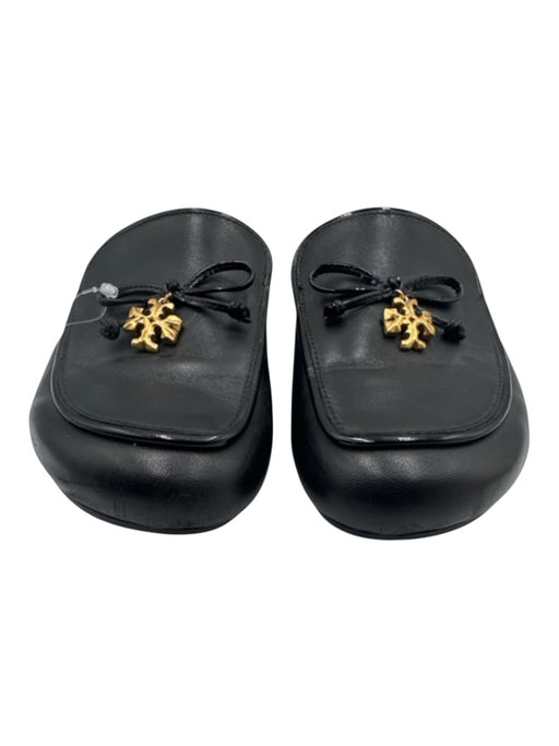 Tory Burch Shoe Size 6 Black Leather Gold Charm Bow Detail Cork Sole Mules Black / 6