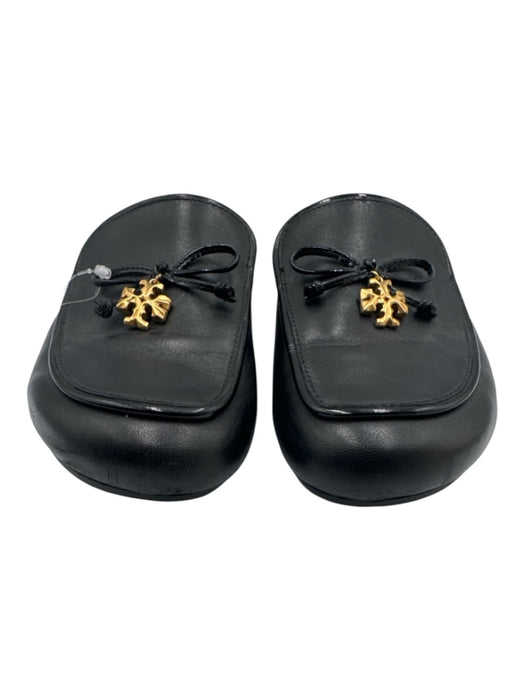 Tory Burch Shoe Size 6 Black Leather Gold Charm Bow Detail Cork Sole Mules Black / 6