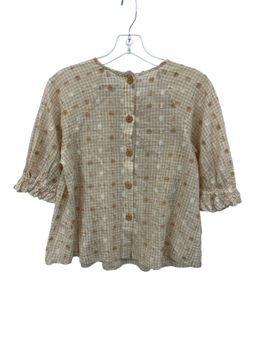 Saylor Size XS Beige & White Cotton Gingham Smocked Detail Button Back Top Beige & White / XS