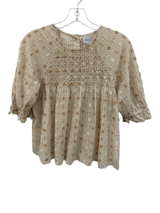 Saylor Size XS Beige & White Cotton Gingham Smocked Detail Button Back Top Beige & White / XS