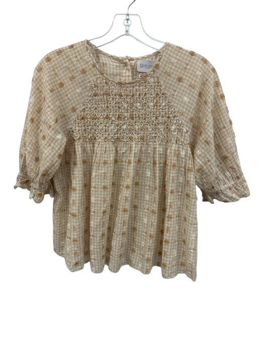 Saylor Size XS Beige & White Cotton Gingham Smocked Detail Button Back Top Beige & White / XS