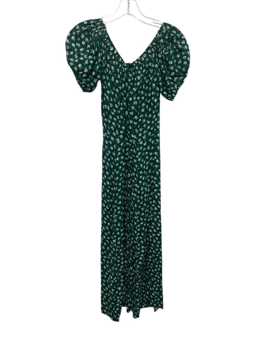 Reformation Size 2 Green & White Viscose Blend Floral Short Puff Sleeve Dress Green & White / 2