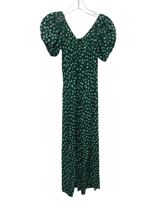 Reformation Size 2 Green & White Viscose Blend Floral Short Puff Sleeve Dress Green & White / 2