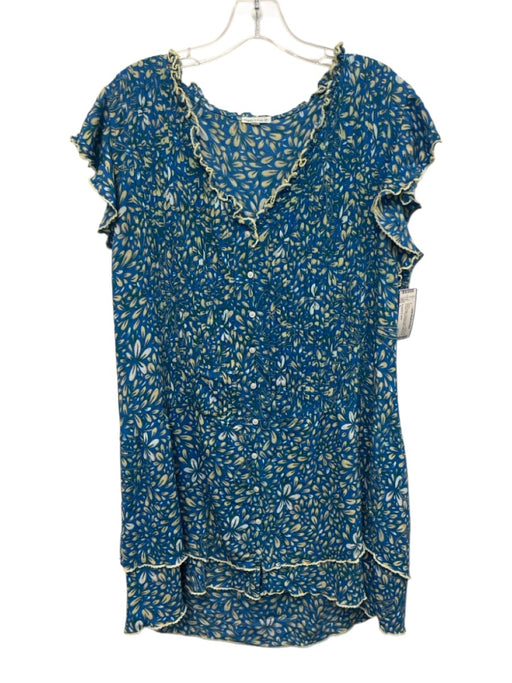 Poupette St. Barth Size L Blue & Beige Viscose Flutter Cap sleeve V Neck Dress Blue & Beige / L