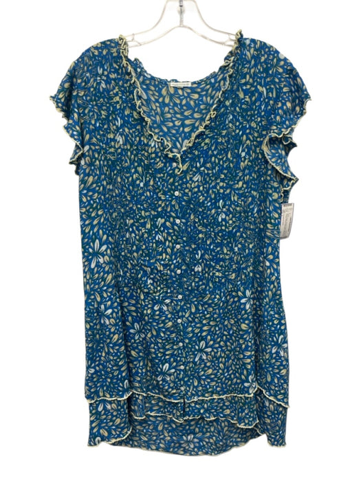 Poupette St. Barth Size L Blue & Beige Viscose Flutter Cap sleeve V Neck Dress Blue & Beige / L