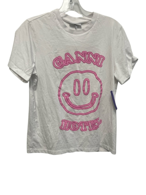 Ganni Size XS White & Pink Cotton Graphic Smiley Face Short Sleeve T Shirt Top White & Pink / XS