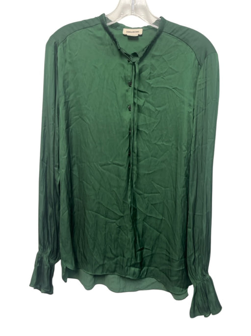 Zadig & Voltaire Size L Green Polyester Long Sleeve Tie V Neck Satin Top Green / L