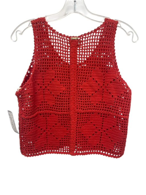 Cleobella Size M Coral Red Cotton Sleeveless Crocheted Floral Motif Crop Top Coral Red / M