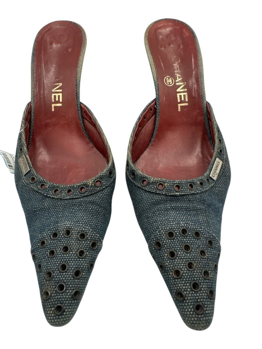 Chanel Shoe Size 37.5 Blue & Silver Denim Pointed Toe Grommets Kitten Heel Mules Blue & Silver / 37.5