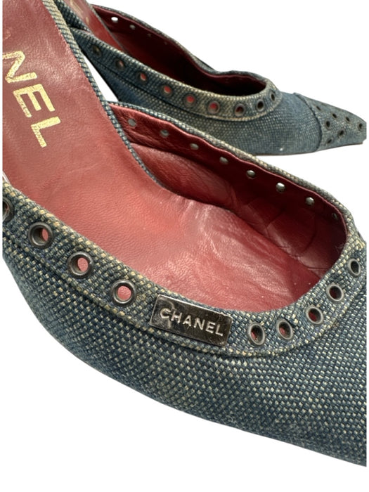 Chanel Shoe Size 37.5 Blue & Silver Denim Pointed Toe Grommets Kitten Heel Mules Blue & Silver / 37.5