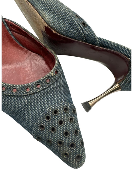 Chanel Shoe Size 37.5 Blue & Silver Denim Pointed Toe Grommets Kitten Heel Mules Blue & Silver / 37.5